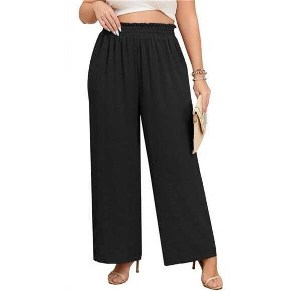 Plus Size Wide Leg Palazzo Pants Elastic Waist Loose Work Trousers Pockets - Picture 2 of 7